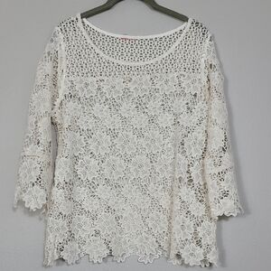 Vintage Lace Crochet Long Sleeve Top Size M/L Ivory Floral Boho Hippie Festival